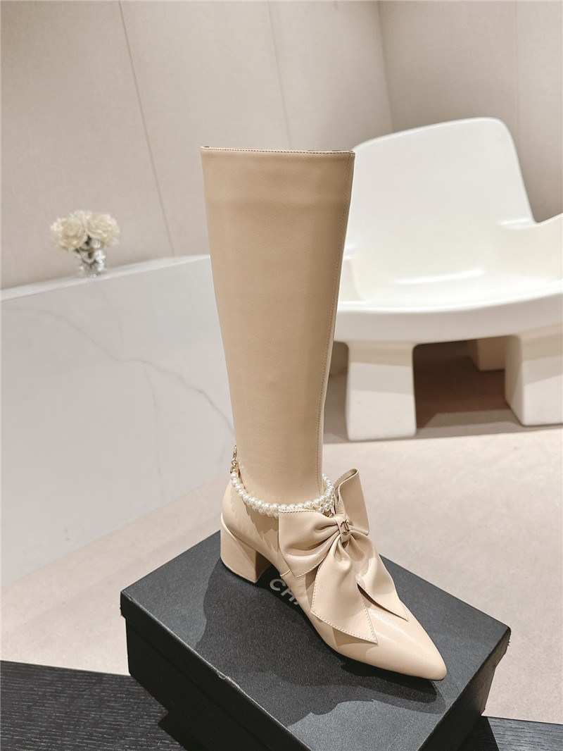 Ch**el beige pointed toe bow pearl keen high boots