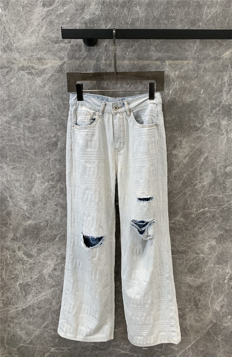 M1um1u letter jacquard ripped straight jeans replica clothes