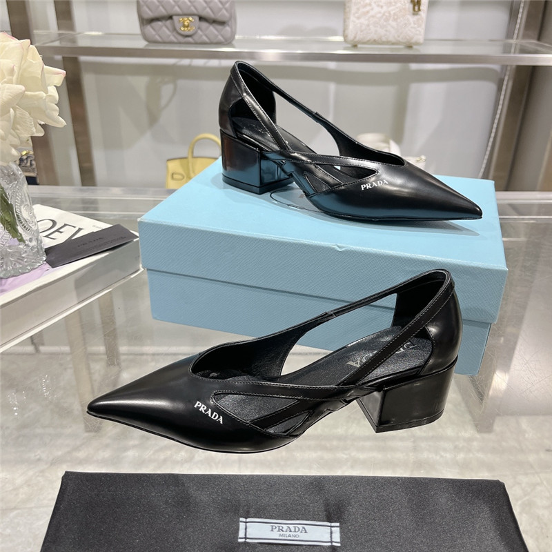 Pra*a cut-out black brushed leather chunky pumps