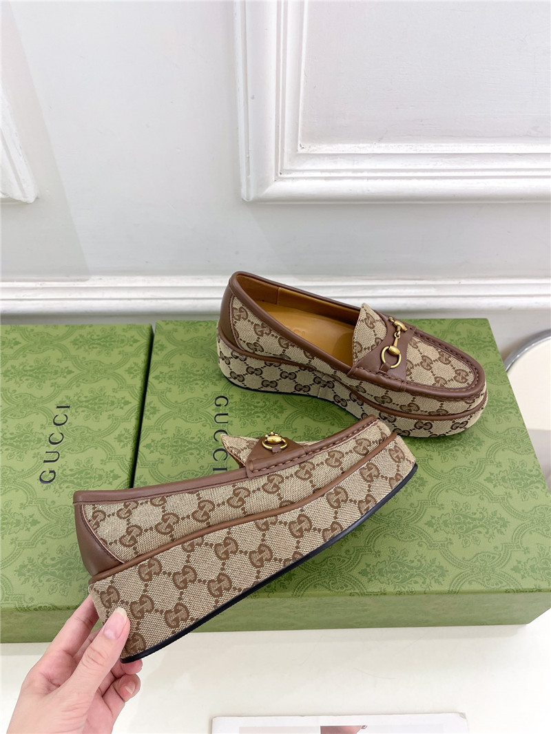 Gvc*1 horsebit wedge loafer in beige and ebony gg canvas