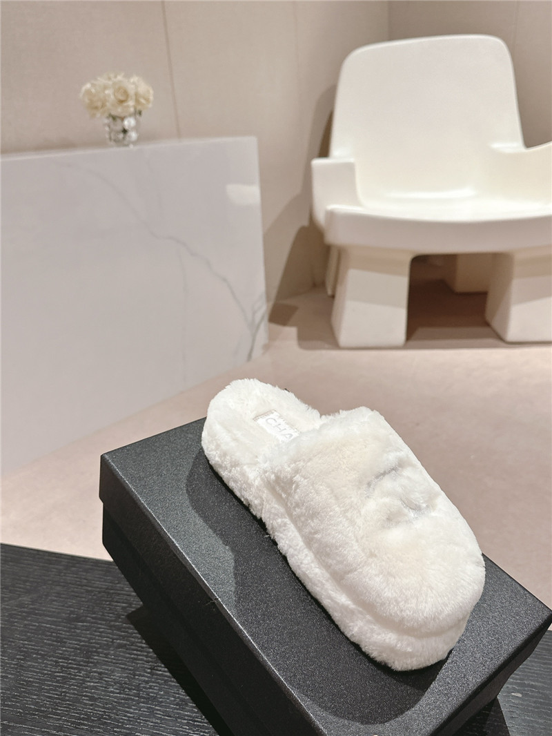 Ch**el embroidered white fur flat platform mules
