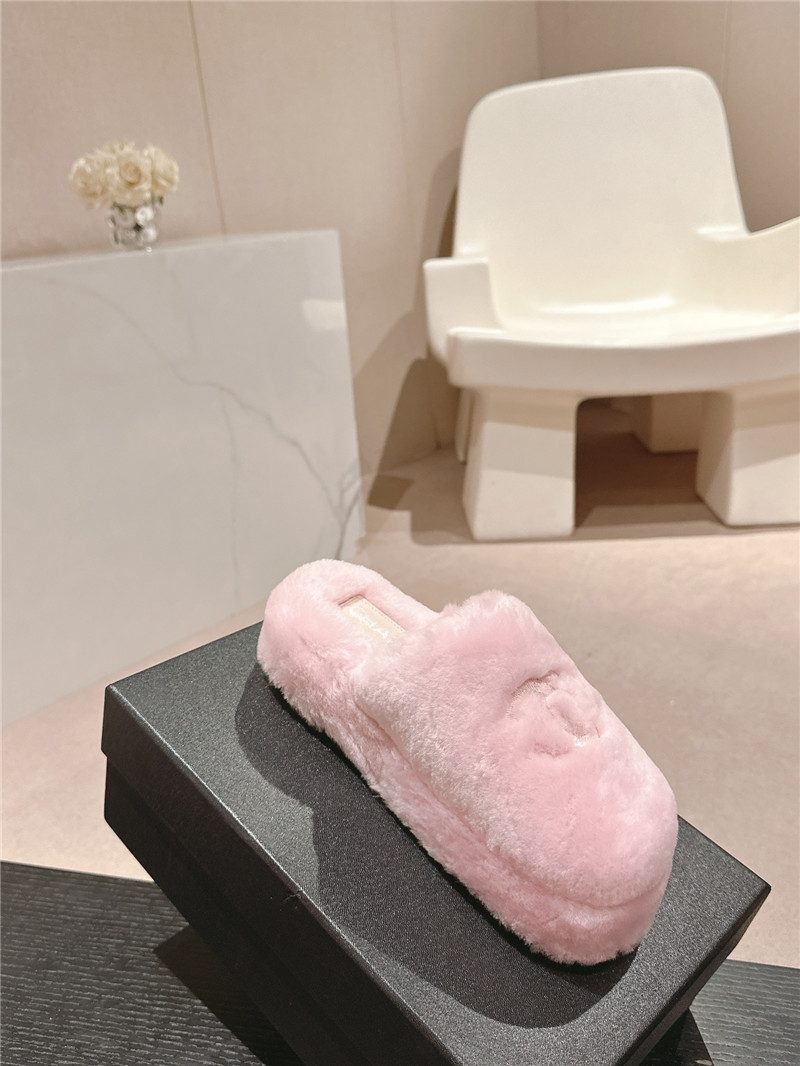 Ch**el embroidered pink fur flat platform mules