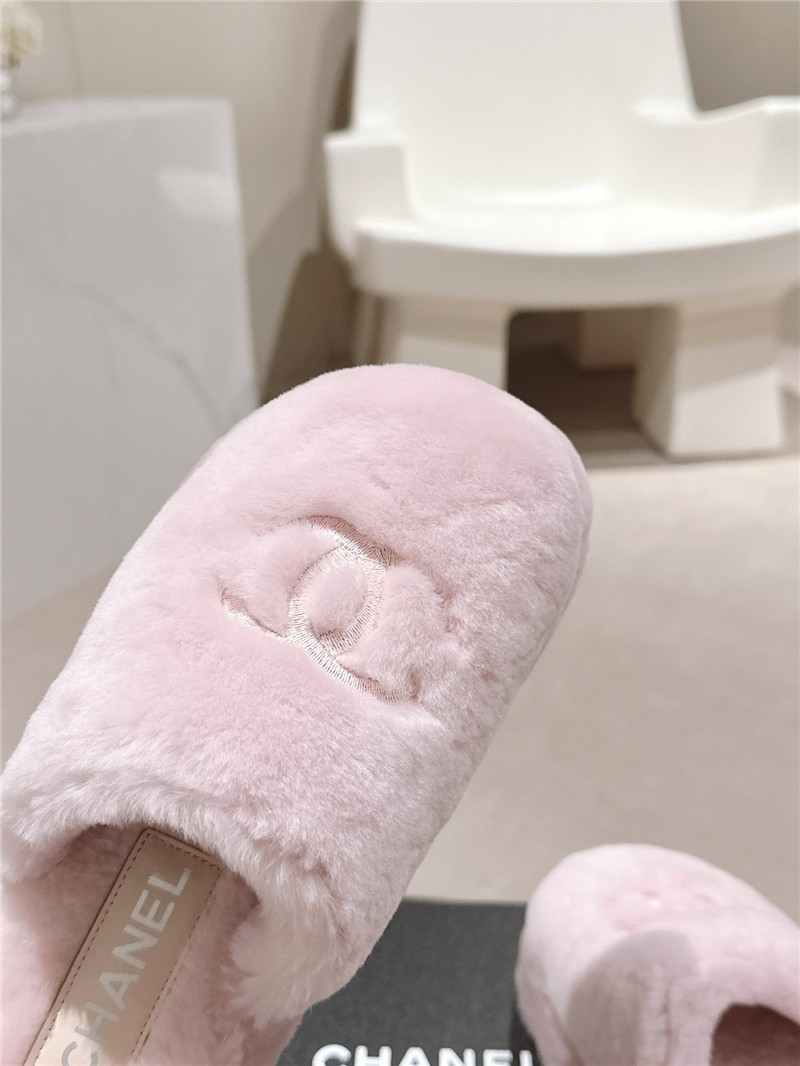 Ch**el embroidered pink fur flat platform mules