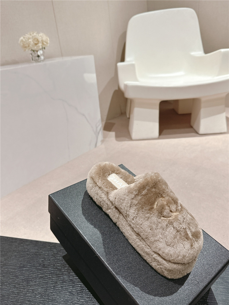 Ch**el embroidered beige fur flat platform mules