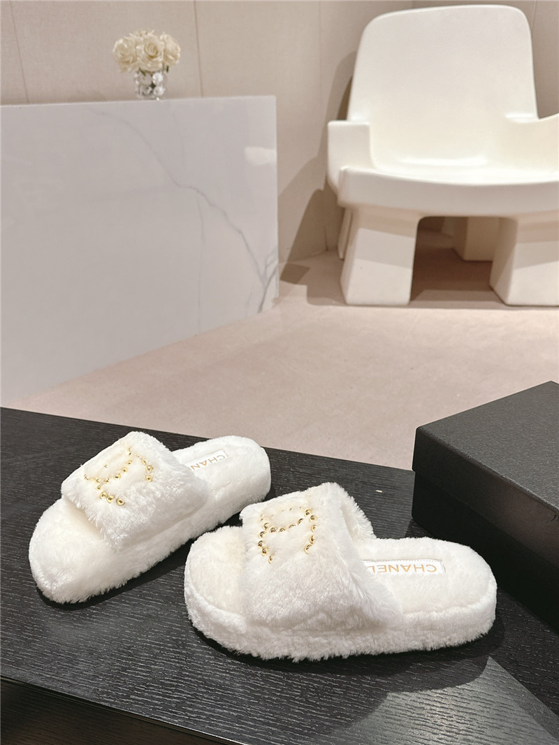 Ch**el beading flat platform mules white fur