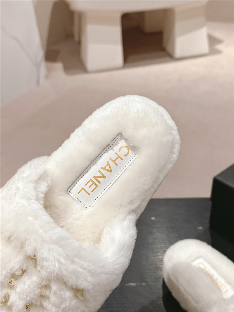 Ch**el beading flat platform mules white fur