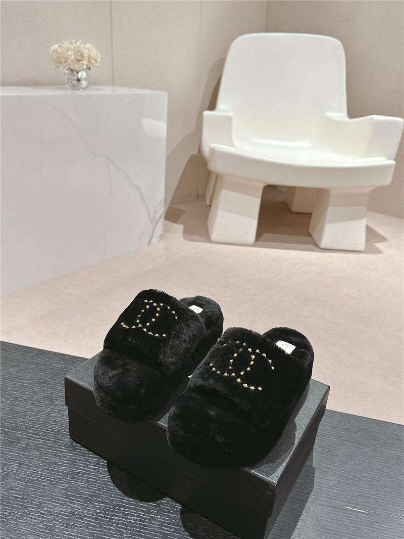 Ch**el beading black fur flat platform mules