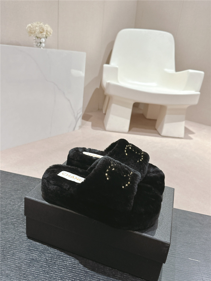 Ch**el beading black fur flat platform mules