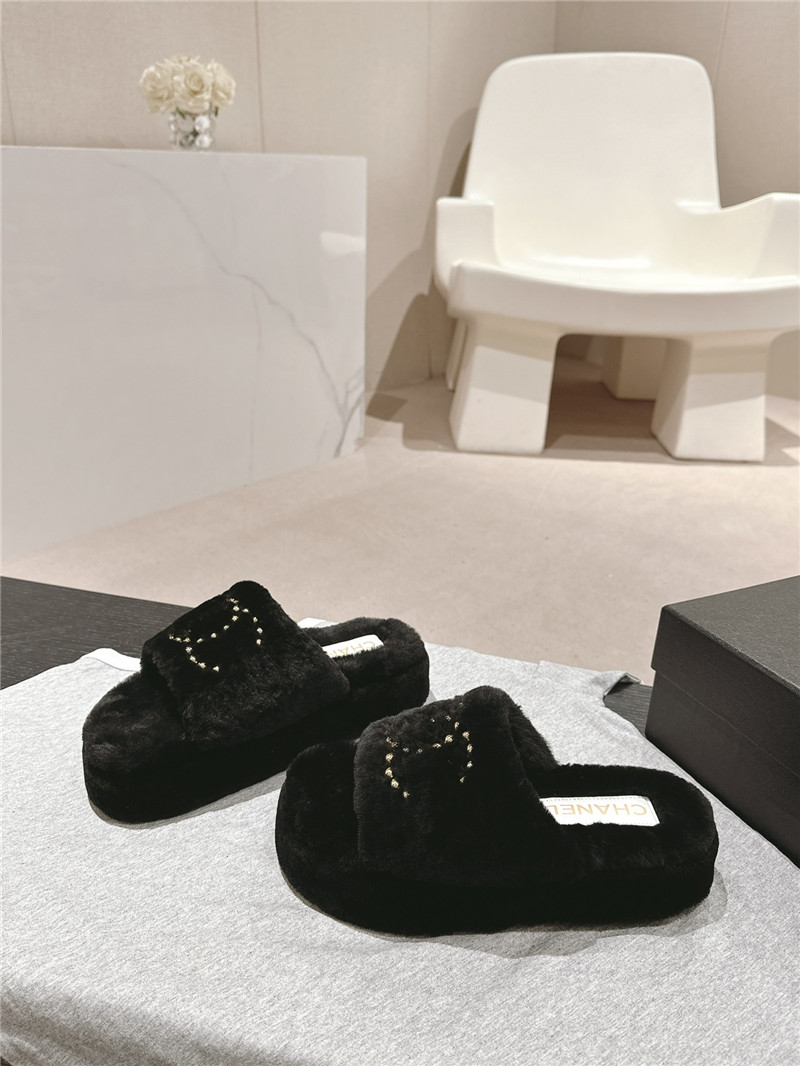 Ch**el beading black fur flat platform mules