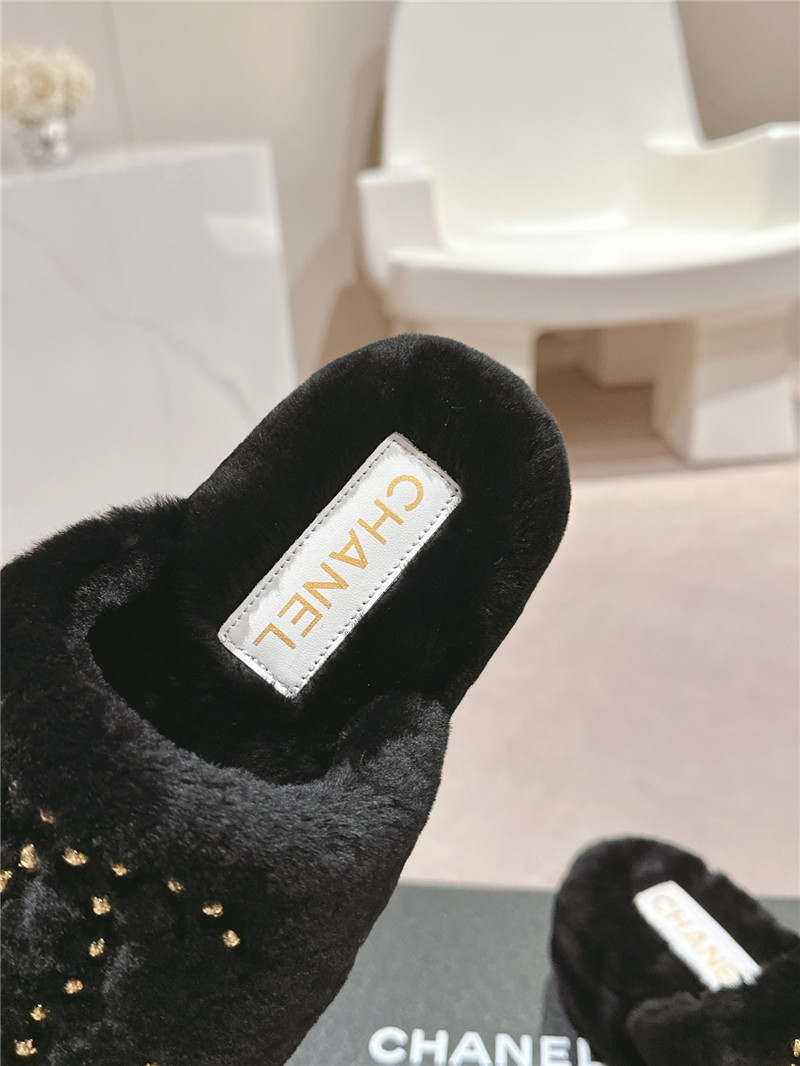 Ch**el beading black fur flat platform mules