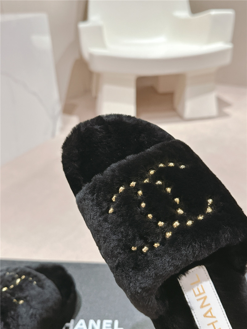 Ch**el beading black fur flat platform mules