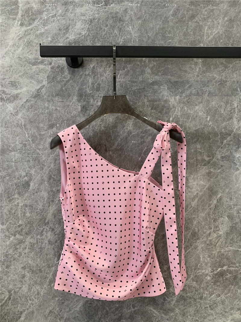 Ch**el pink polka dot off-shoulder strappy vest top replica clothes