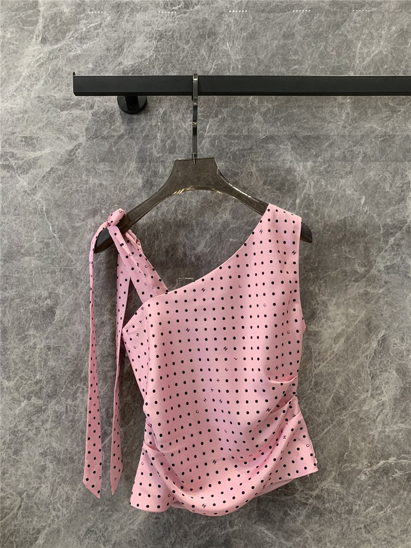 Ch**el pink polka dot off-shoulder strappy vest top replica clothes