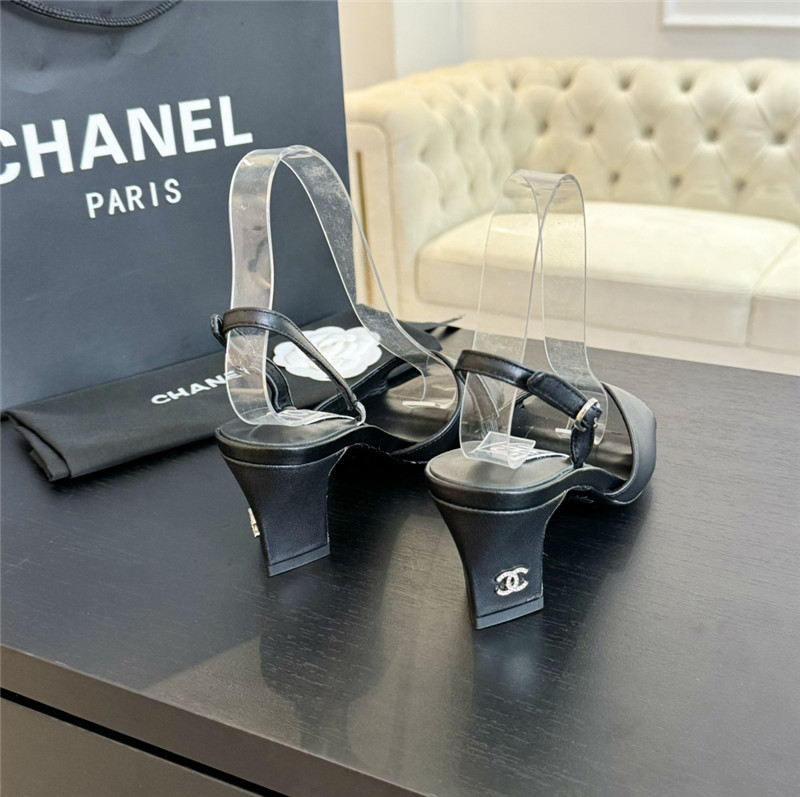 Ch**el black leather open toe slingback sandals