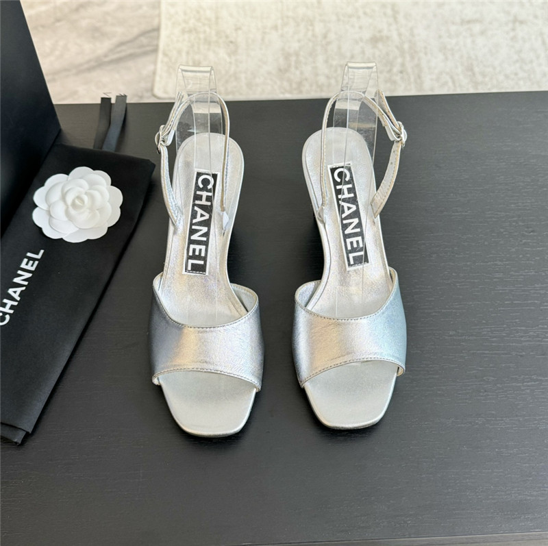 Ch**el silver leather open toe slingback sandals