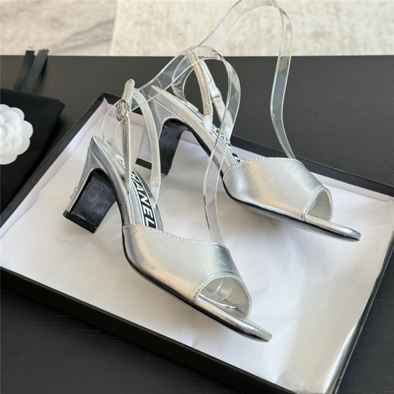 Ch**el silver leather open toe slingback sandals