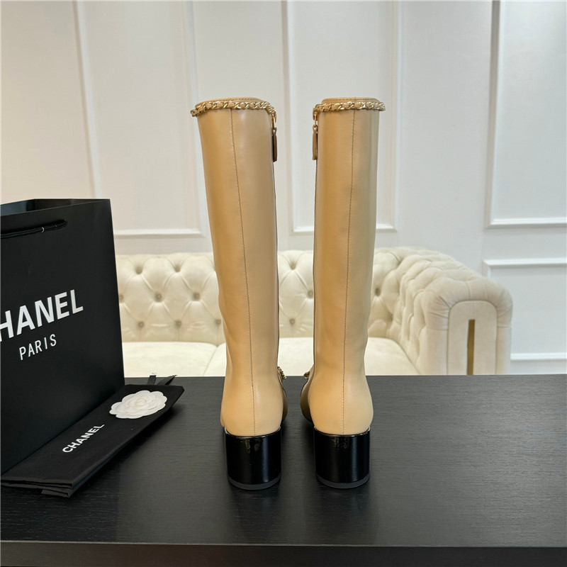 Ch**el beige calfskin bow patent leather keen high boots