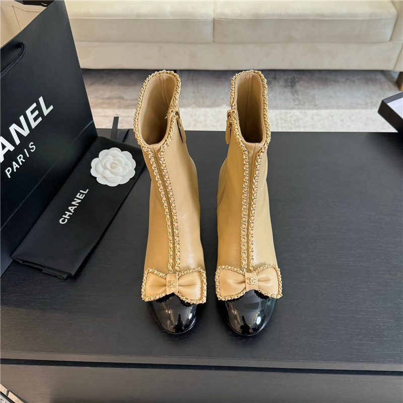 Ch**el calfskin bow patent leather ankle boots