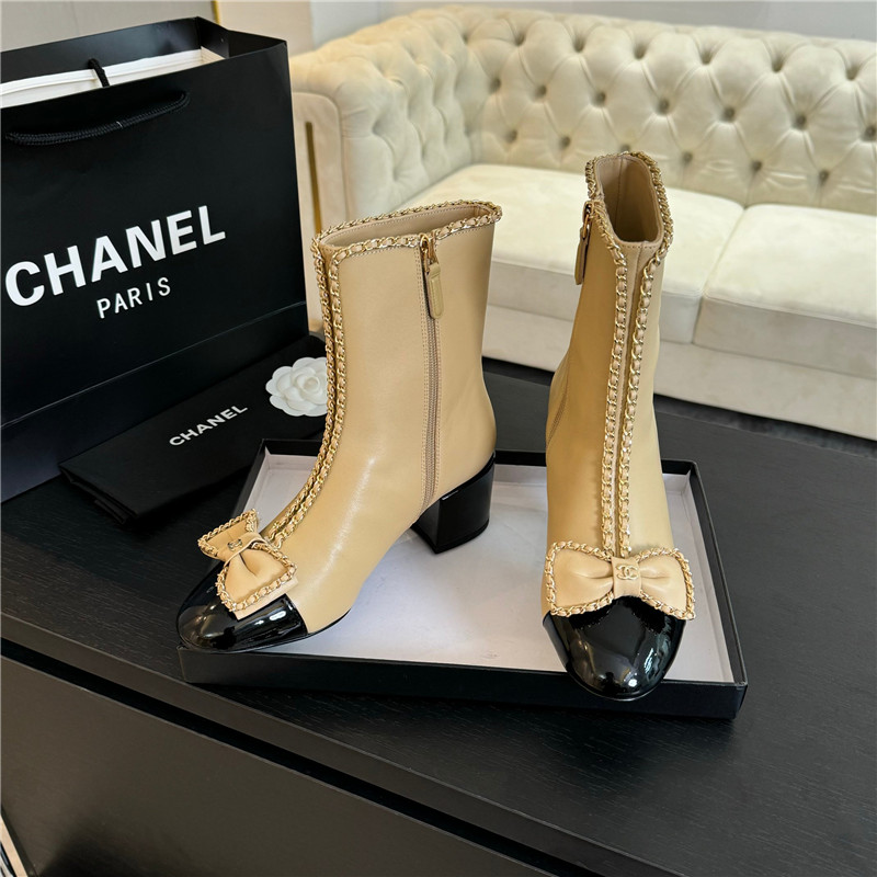Ch**el calfskin bow patent leather ankle boots