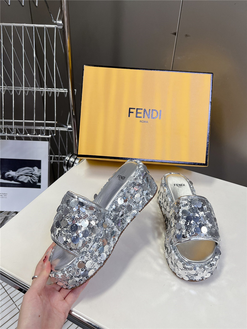 F**di silver glitter platform slides