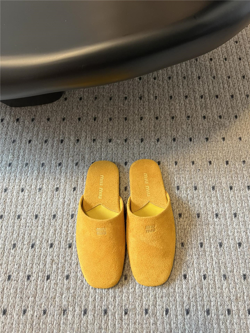 Miu Miu Yellow Suede Slippers with Embossed Logo