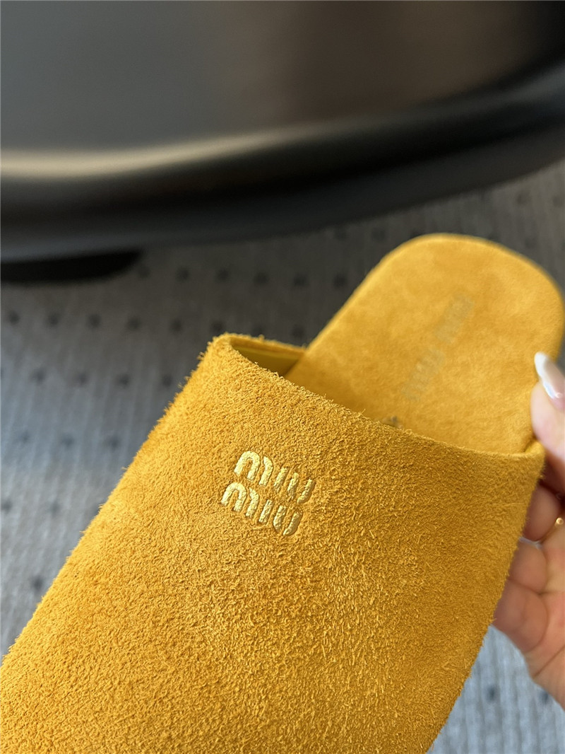 Miu Miu Yellow Suede Slippers with Embossed Logo
