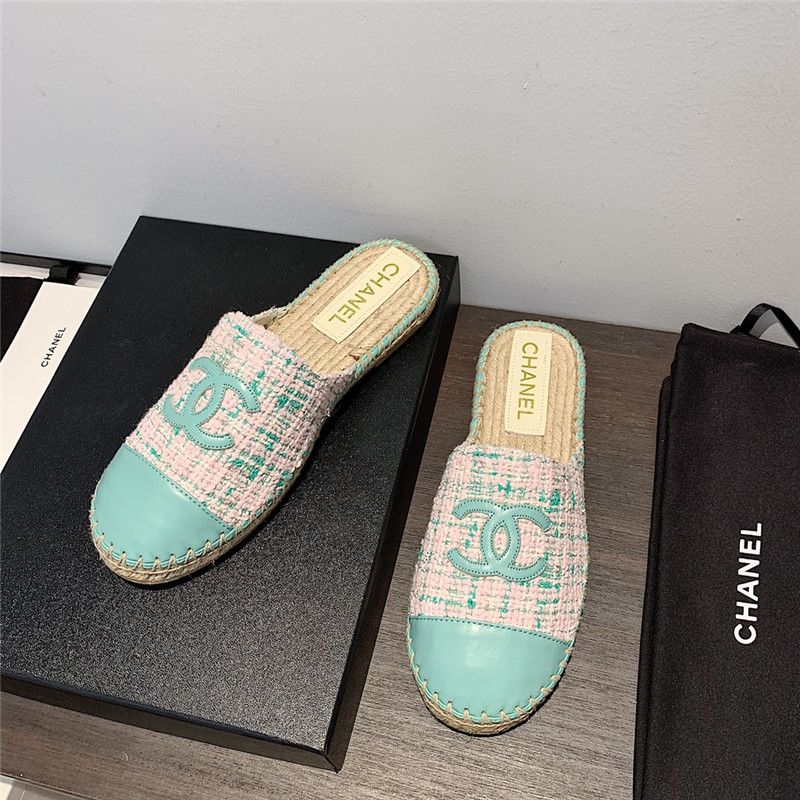 Ch**el pink and blue tweed espadrille mules