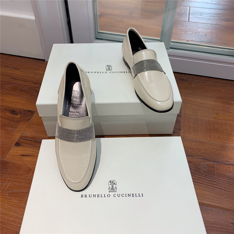 Brunello Cucinelli Chalk Leather Penny Loafer with Monili