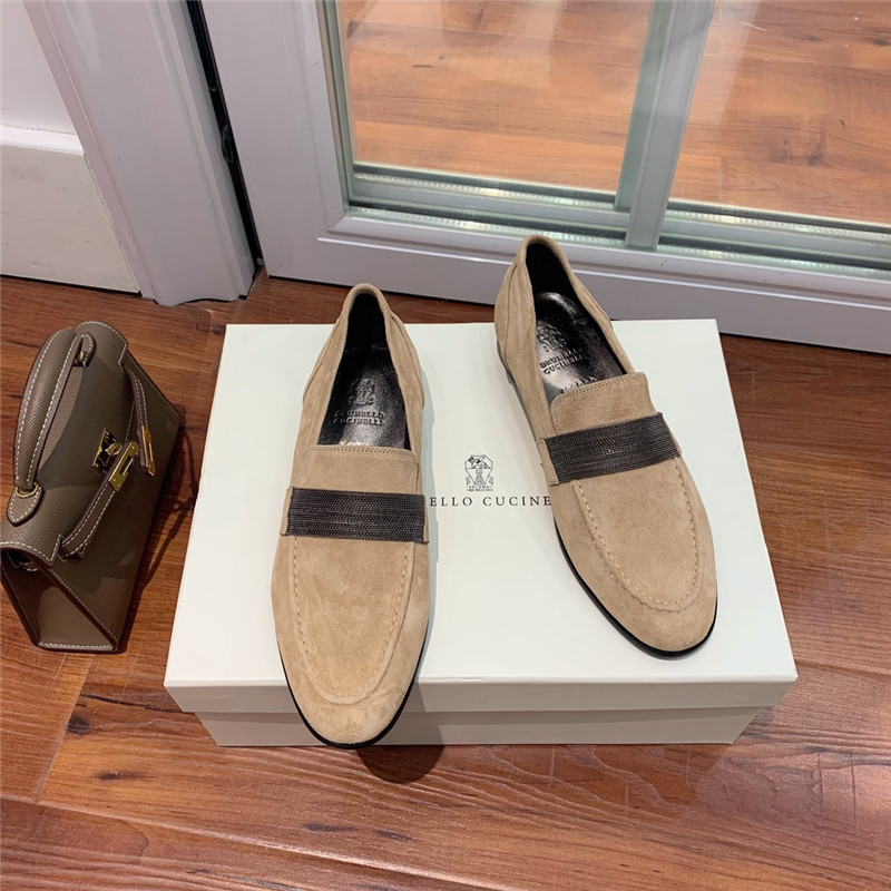 Brunello Cucinelli Hazelnut Suede Penny Loafer with Monili