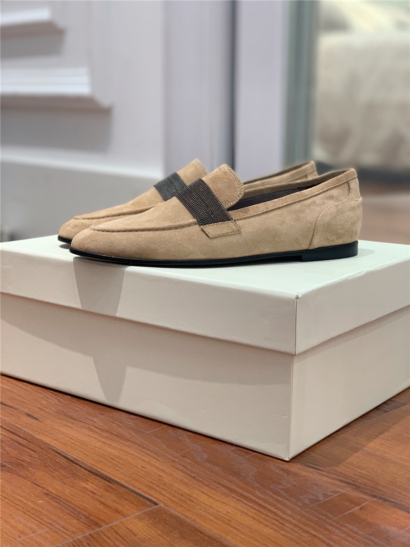Brunello Cucinelli Hazelnut Suede Penny Loafer with Monili