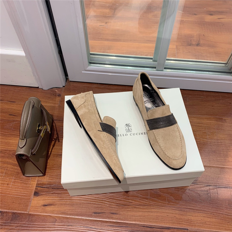 Brunello Cucinelli Hazelnut Suede Penny Loafer with Monili