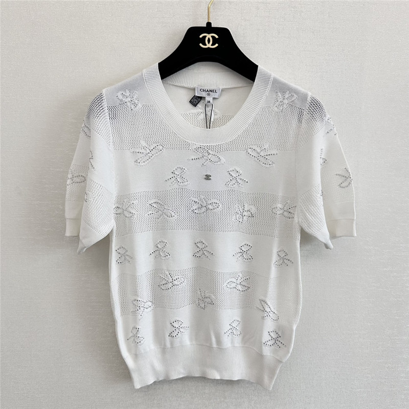 Ch**el bow rhinestone short sleeve replica designer clothes
