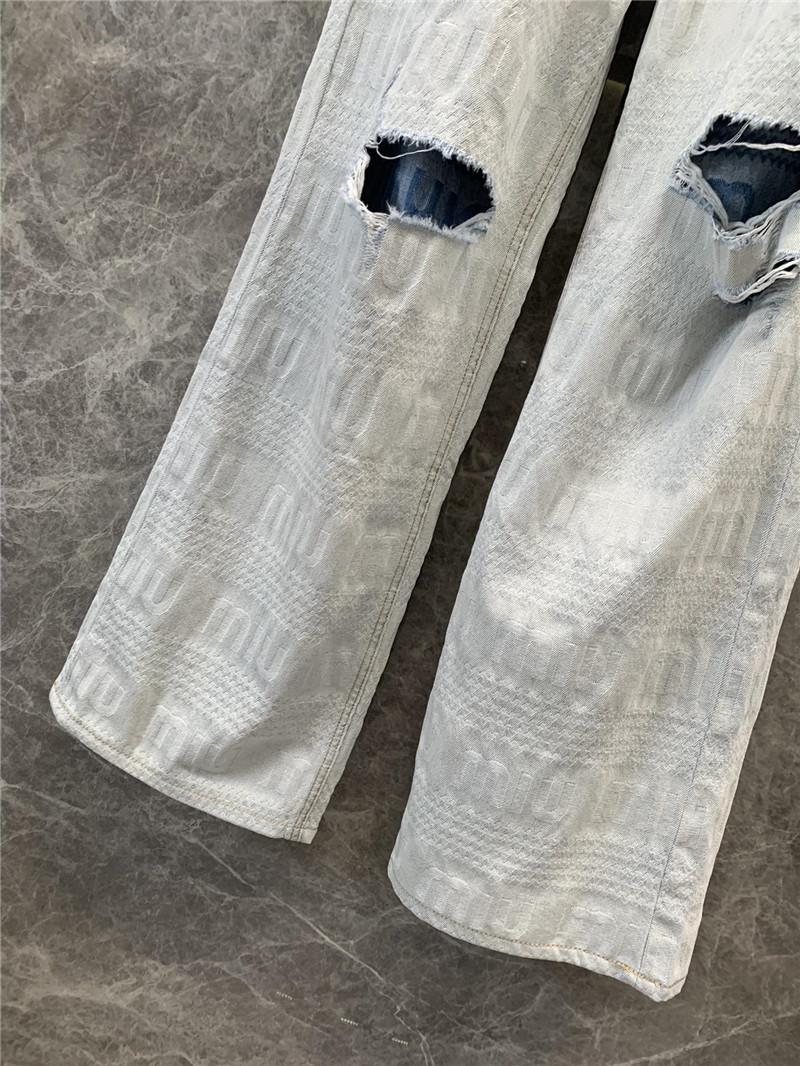M1um1u letter jacquard ripped straight jeans replica clothes