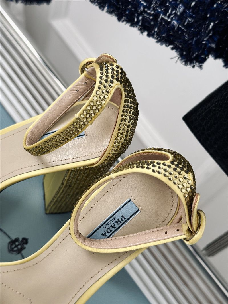 Pra*a gold satin platform sandals with crystal