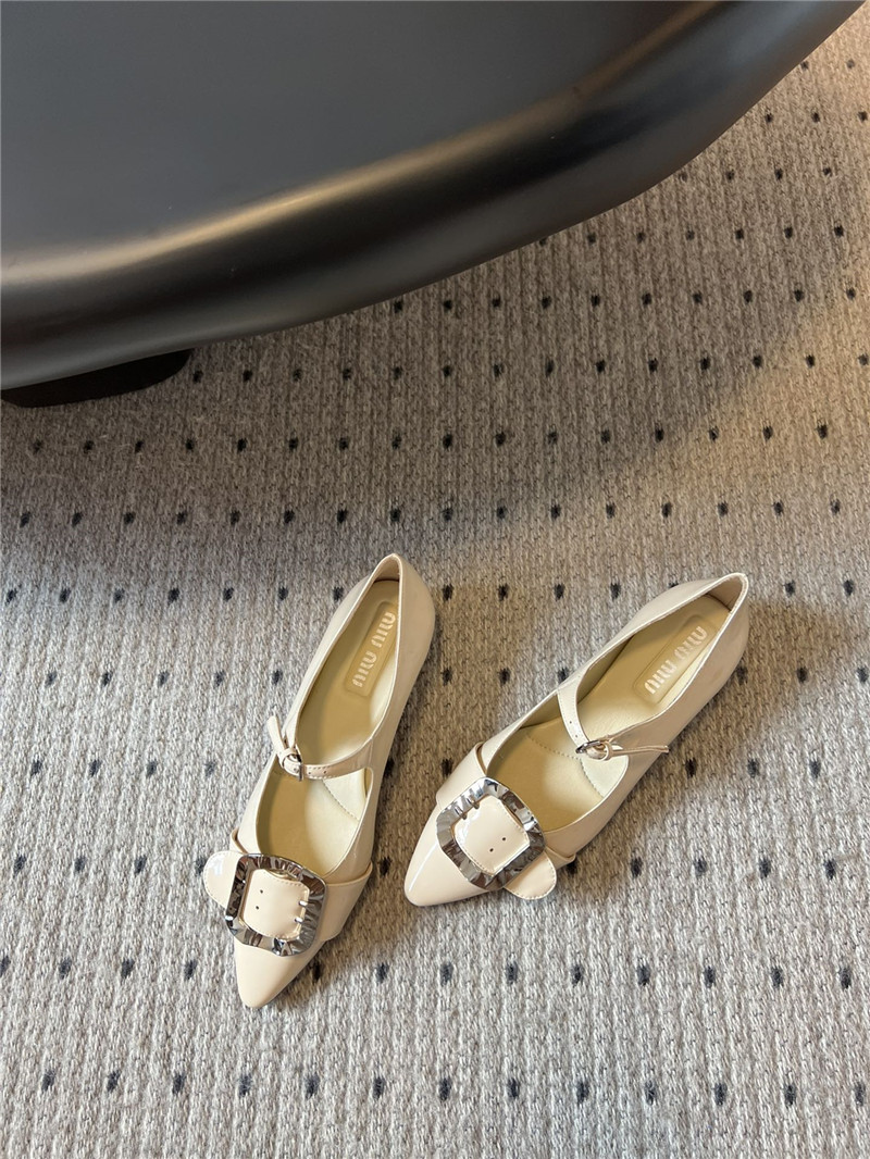 Miu Miu Ivory Buckle Ankle Strap Pointed Mary Jane Flats