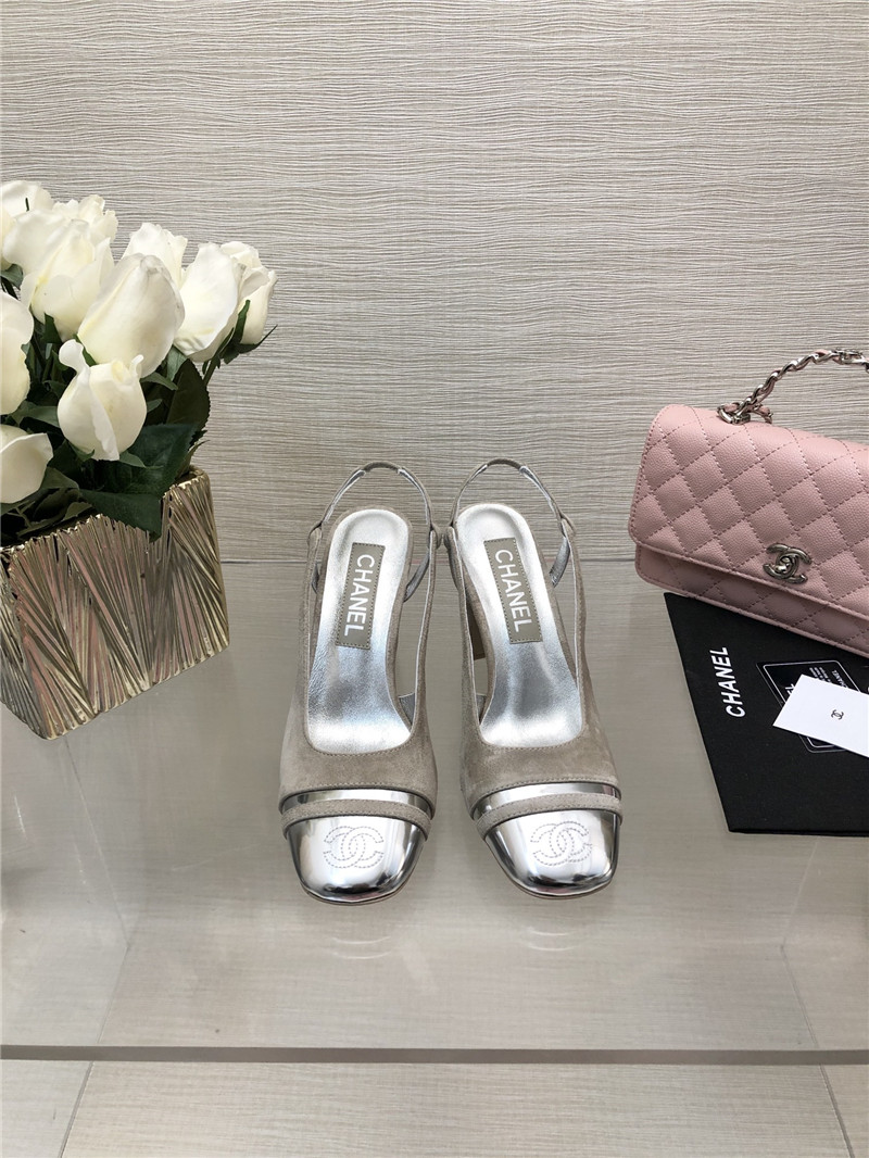 Ch**el grey suede and silver leather slingbacks