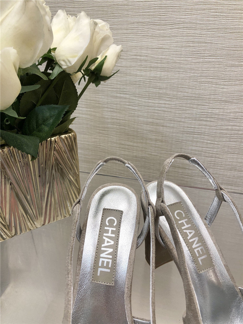 Ch**el grey suede and silver leather slingbacks