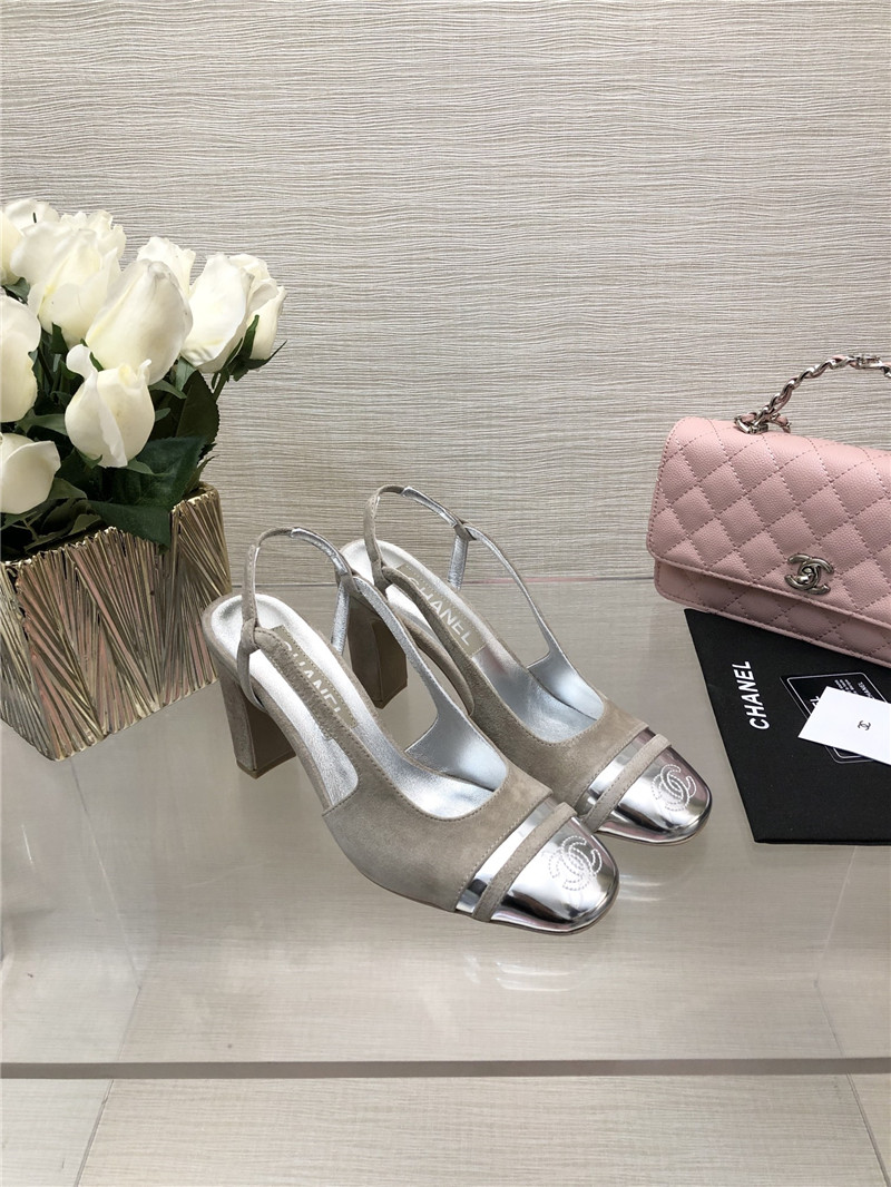 Ch**el grey suede and silver leather slingbacks