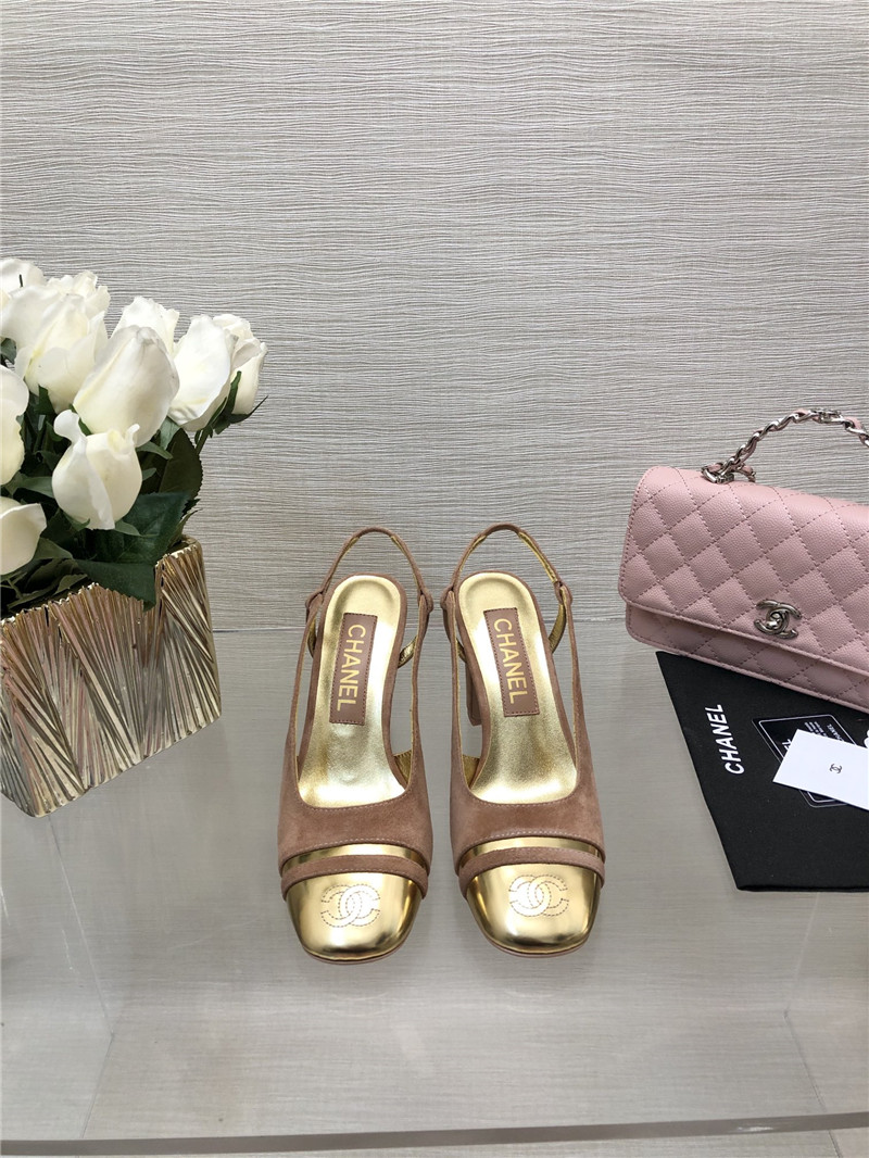 Ch**el pink suede and gold leather slingbacks