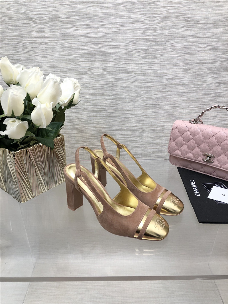 Ch**el pink suede and gold leather slingbacks