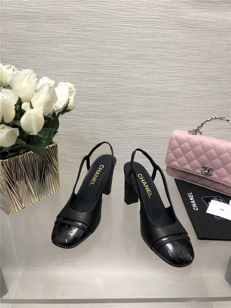 Ch**el black goatskin and patent leather slingbacks