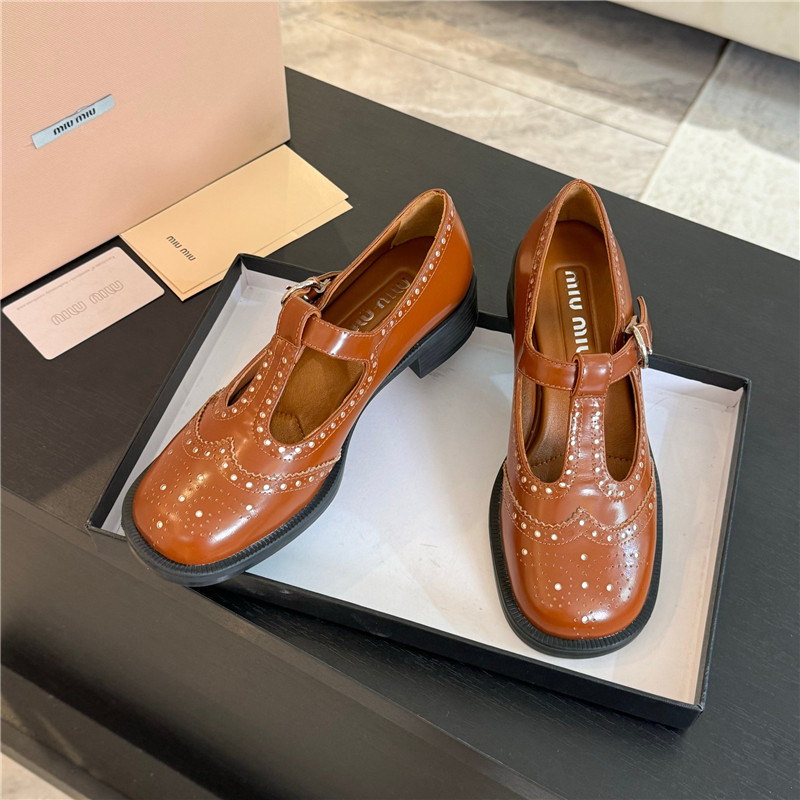 Miu Miu Tobacco Ivory Brushed Leather T-Strap Brogue Shoes
