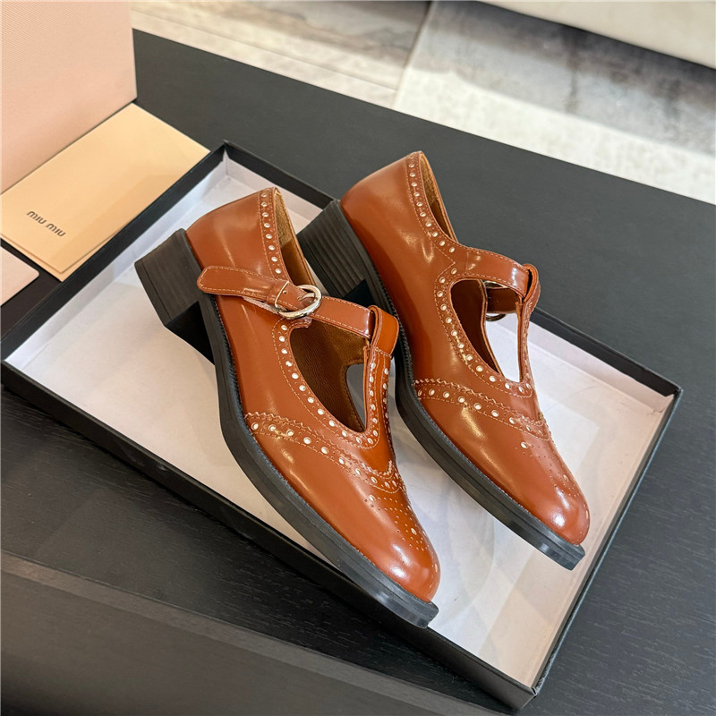 Miu Miu Tobacco Ivory Brushed Leather T-Strap Brogue Shoes