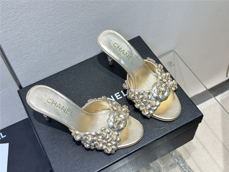 Ch**el camellia heel mules gold leather