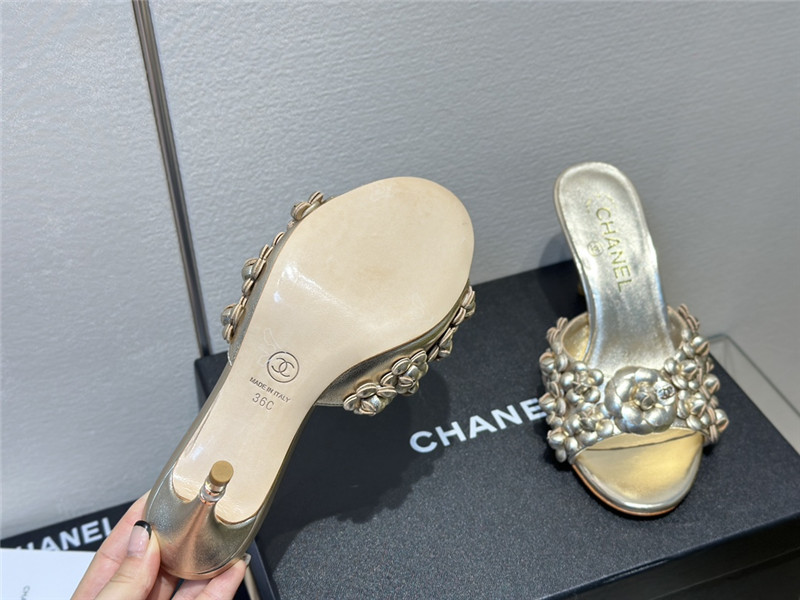 Ch**el camellia heel mules gold leather