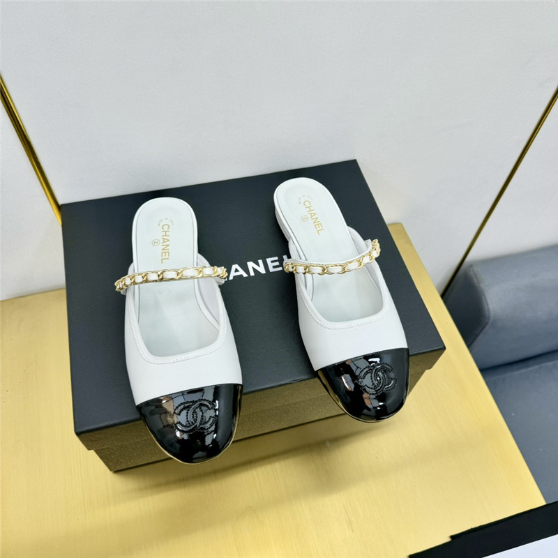 Ch**el mary janes chain flat mules white and black