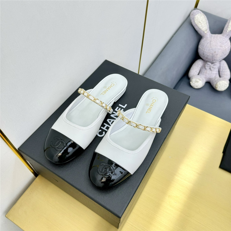 Ch**el mary janes chain flat mules white and black