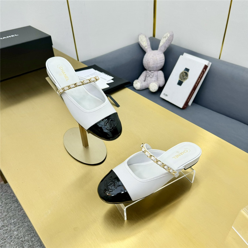 Ch**el mary janes chain flat mules white and black