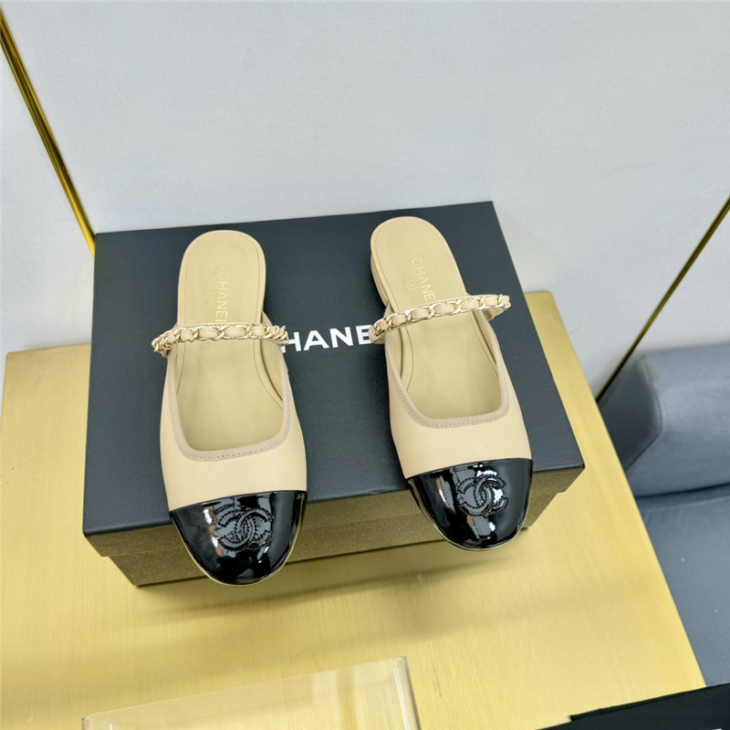 Ch**el mary janes chain flat mules beige and black