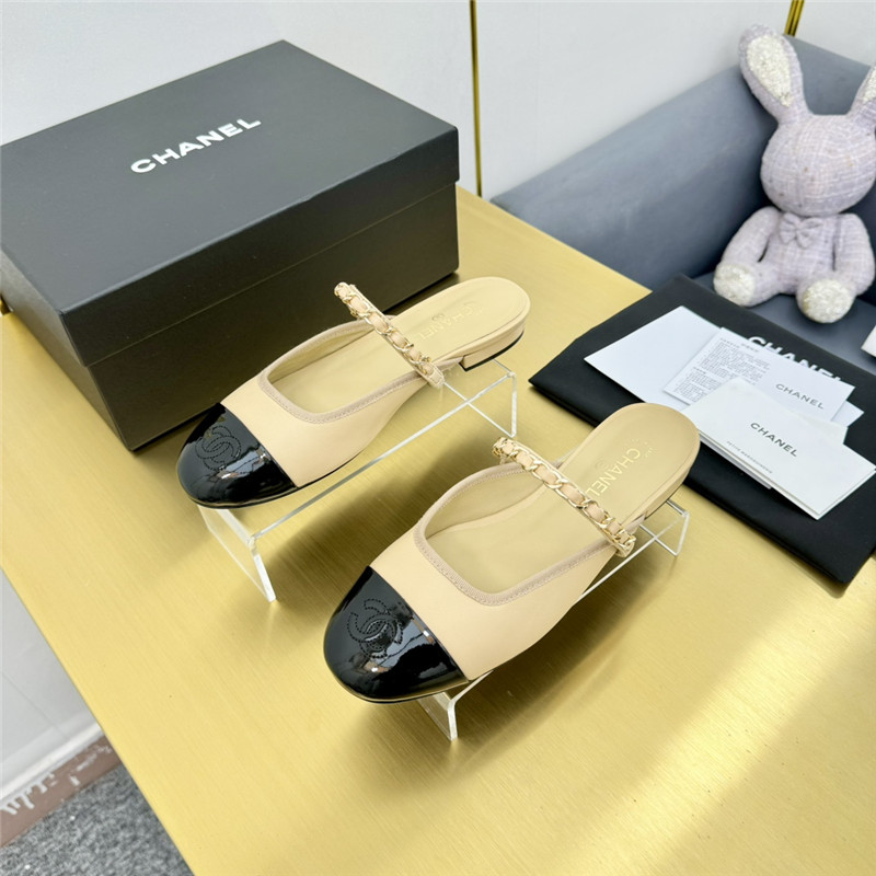 Ch**el mary janes chain flat mules beige and black